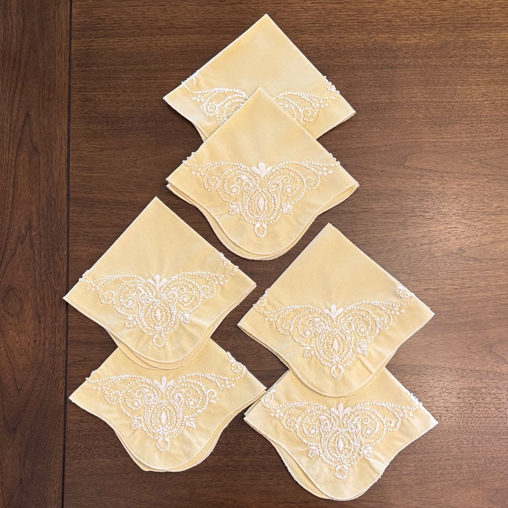 Set of 6 Pale Yellow Embroidered Linen Napkins